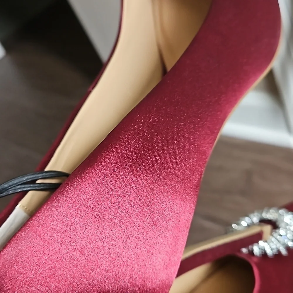 NEW! EXPRESS Deep Burgandy Satin Rhinestone Pointed Toe Heeled Pumps 10.